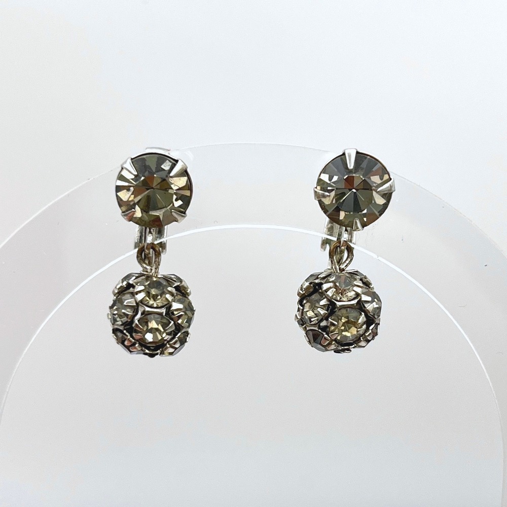 Vintage Smoky Grey Rhinestone Disco Ball‎ Clip On Drop Earrings Silver Tone